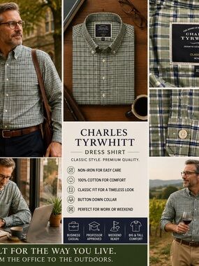 Charles Tyrwhitt Shirt XXXL Green Plaid Classic Fit Non Iron Dadcore Office Golf